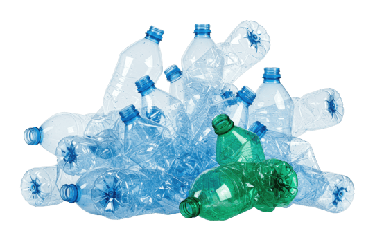 Pile of crushed plastic bottles for recycling. png