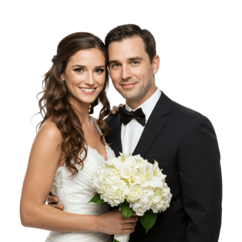 Caucasian bride and groom smiling at wedding ceremony with bouquet. png
