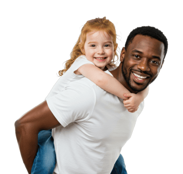 Smiling african adult male giving caucasian child a piggyback ride. png
