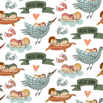 Pattern with hello baby and sleeping boy and girl, gender party. Babies sleeping on a cloud, pillow, stork. Ribbon with an inscription, colored stripes in pink and blue. Flat colored seamless texture vector