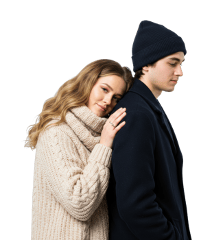 Young caucasian couple in warm winter clothing embracing tenderly. png