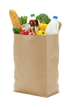 Brown paper grocery bag filled with fresh produce, dairy, and canned goods. png