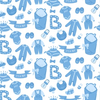Pattern with items for a boy, gender party. Clothes, shoes, toys, nipples, and jewelry in blue. Flat color seamless texture. You will have a boy. Packaging for baby products vector