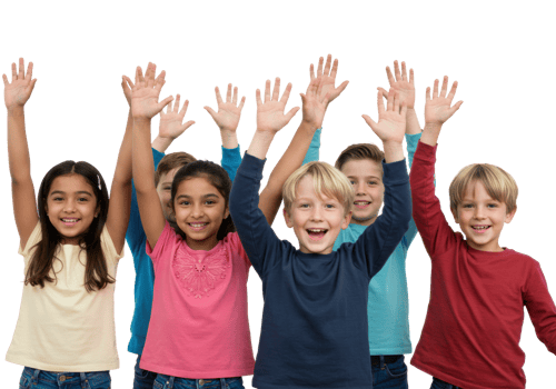 Diverse group of happy children raising arms in celebration and joyful enthusiasm. png