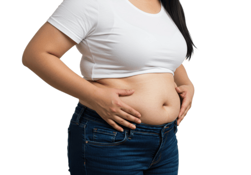 Asian female in casual attire holding stomach reflecting on health and wellness. png