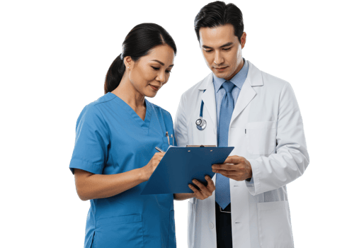 Asian female nurse and asian male doctor reviewing medical records. png