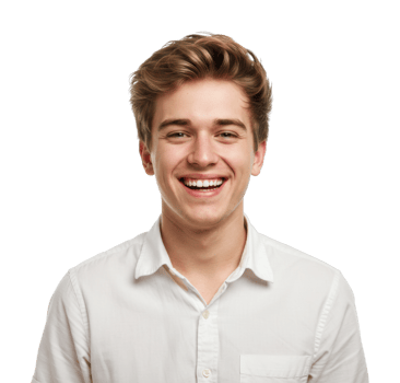 Smiling young caucasian male in white shirt. png