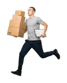 Young caucasian male courier running with packages and clipboard. png