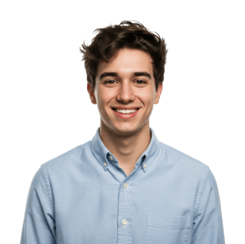 Confident young caucasian male smiling in blue shirt. png