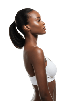 Profile of athletic young african female with sleek ponytail in white activewear top. png