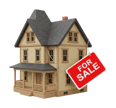 Wooden house model with for sale sign isolated. png