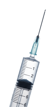 Medical syringe with clear liquid and measurement marks. png