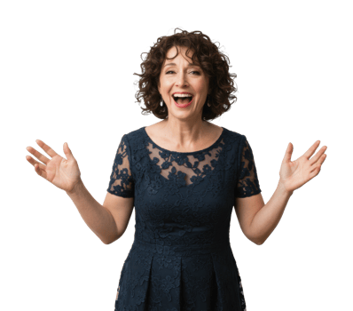 Caucasian mature female joyfully expressing excitement with outstretched arms. png
