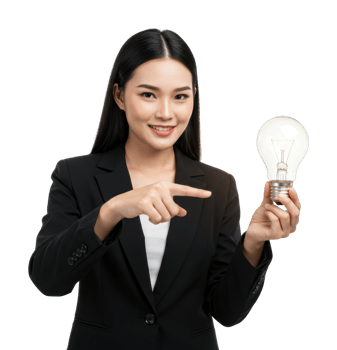 Asian woman holding light bulb in business attire, symbolizing innovation and ideas. png