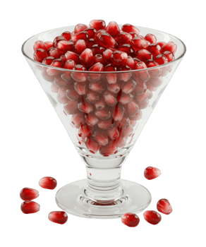 Fresh pomegranate seeds in glass goblet. png