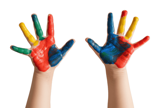 Colorful painted hands raised with multicolor patterns. png