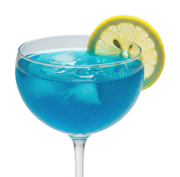 Blue cocktail with ice cubes and lemon slice in a glass. png