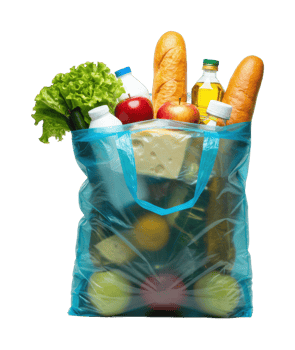 Reusable shopping bag filled with groceries bread, apples, cheese, lettuce, and more. png
