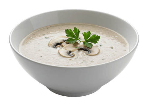Creamy mushroom soup in white bowl with fresh parsley garnish. png