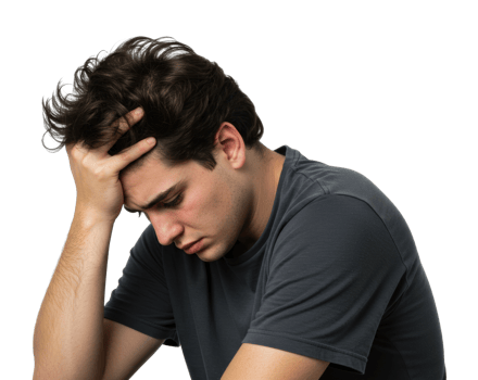 Young caucasian male adult looking down, hand on forehead in contemplation. png