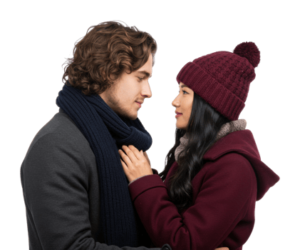 Young caucasian male and asian female embracing in winter clothing. png