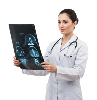 Female caucasian adult doctor examining x ray in medical uniform with stethoscope. png