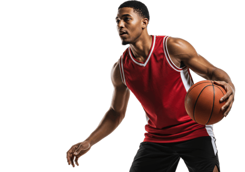 African male basketball player in red jersey dribbling ball. png