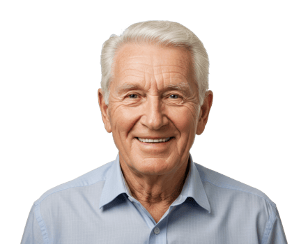 Elderly caucasian male smiling in blue shirt. png