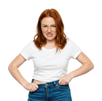 Caucasian female redhead young adult expressing frustration in white t shirt and jeans. png