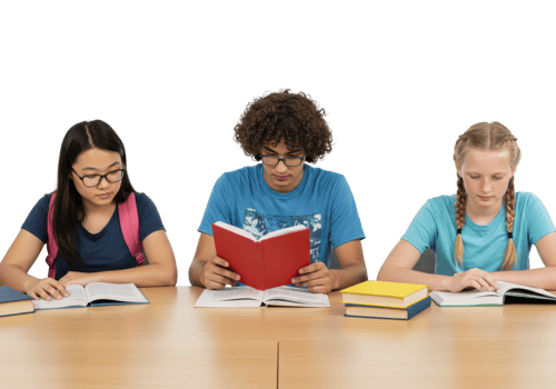 Diverse teens reading books at table focused asian female, caucasian male, caucasian female students. png