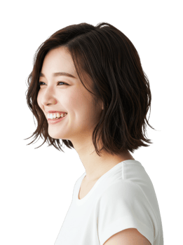Smiling asian young female with short hairstyle wearing white shirt. png