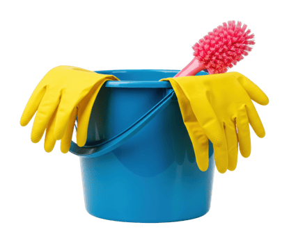 Blue bucket with yellow gloves and red brush for effective household cleaning. png