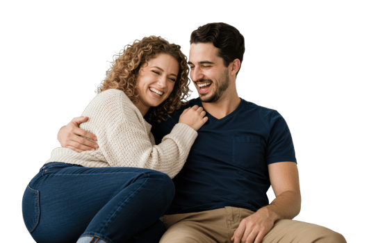 Smiling young caucasian couple relaxing together in casual clothing. png