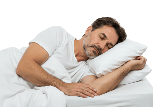 Mature caucasian male sleeping peacefully on white pillow in bed. png