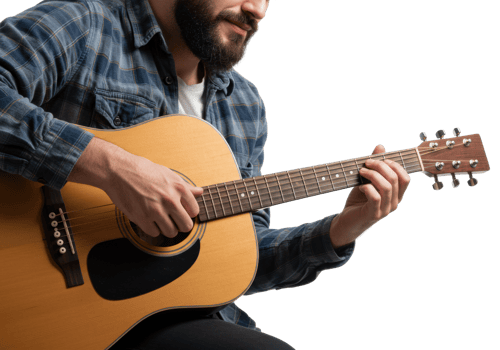 Young caucasian male playing acoustic guitar , wearing plaid shirt. png