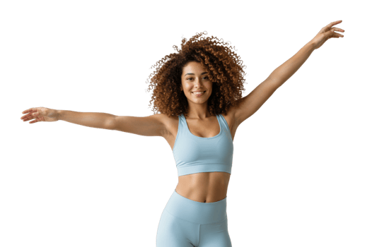 Joyful young african female in athletic wear smiling with arms outstretched against white. png