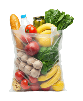 Grocery bag with fresh produce and essentials including bread and eggs. png