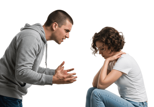 Man arguing with woman sitting and listening in tense interaction. png