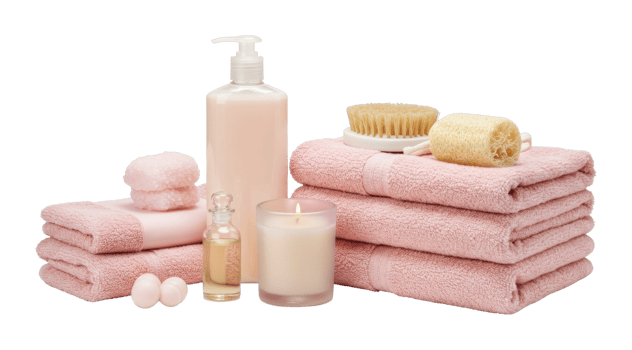 Relaxing spa essentials with pink towels, candle, loofah, and soap for a calming experience. png