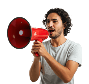 Young caucasian male shouting through red megaphone with intense expression. png