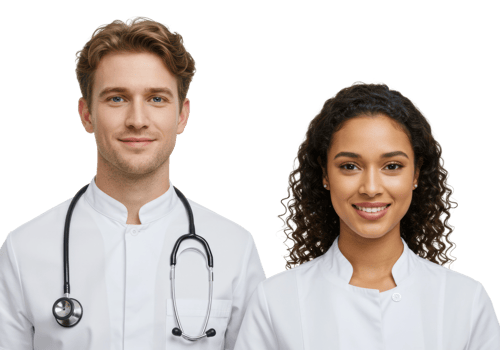 Smiling medical professionals caucasian male and hispanic female doctors in white coats. png