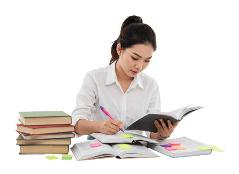 Asian female adult studying with books and notes. png
