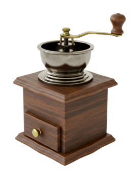 Vintage wooden coffee grinder with metal handle and drawer. png