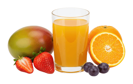 Refreshing orange juice with fresh mango, strawberries, and grapes in a glass. png