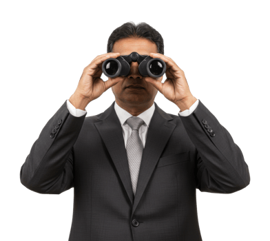 Businessman in suit using binoculars. png