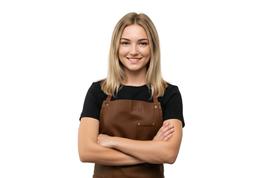 Friendly young barista in apron Blonde female in brown apron standing confidently png