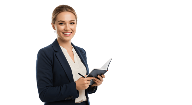 Businesswoman with notes Happy professional woman taking notes in a notebook png