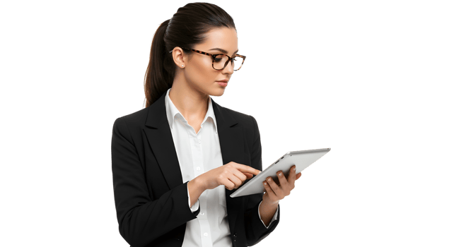 Woman reading digital document Businesswoman reviewing file on digital device png