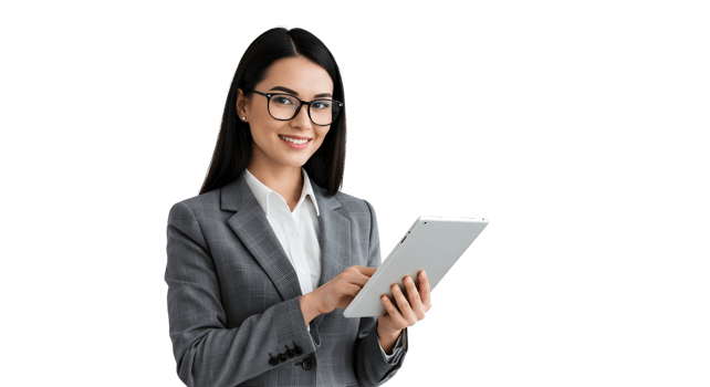 Woman with tablet in grey blazer Female employee working with digital tablet png