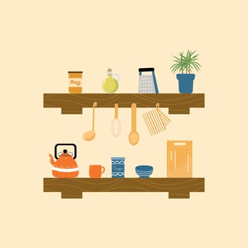 Illustration of a kitchen shelves with kitchenware. Flat style. vector